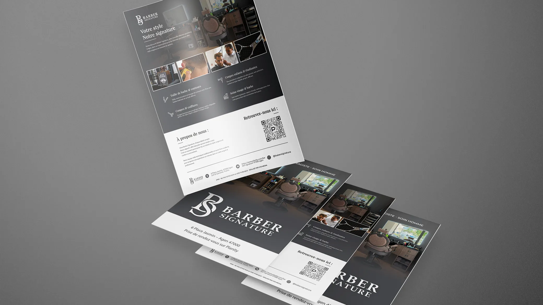 Flyers A5 Barber Signature en volume : recto avec les prestations et le QR code, verso avec le logo et l’adresse