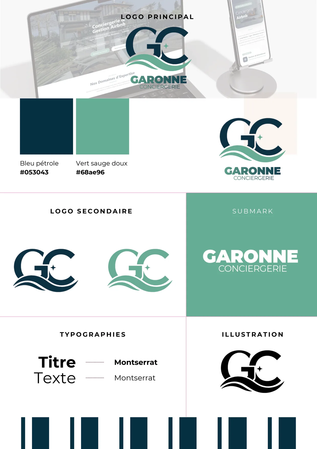Planche de charte graphique Garonne Conciergerie : logo principal, palette bleu pétrole et vert sauge, logos secondaires, submark et typographies