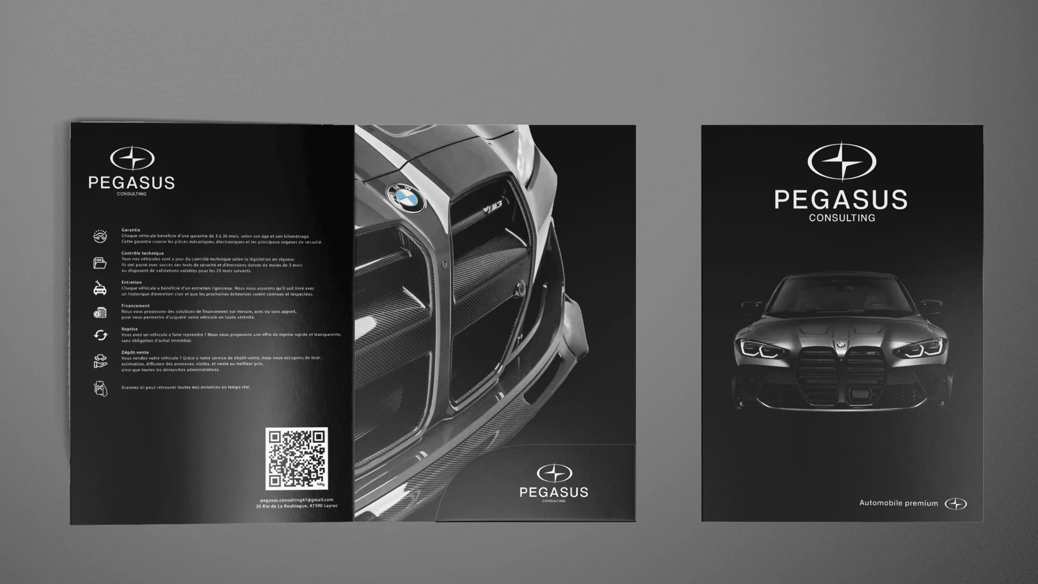 Pochette à rabats A4 Pegasus Consulting, vue ouverte et fermée : engagements de l’enseigne, QR code et couverture